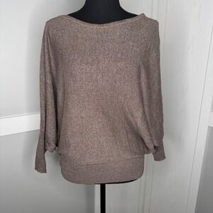 Bebe Dolman Sleeve Top Womens Medium Brown Metallic Knit Boat Neck 2506